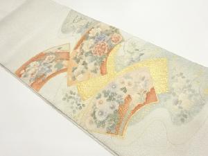 金彩流水に地紙・牡丹・菊模様織出し袋帯